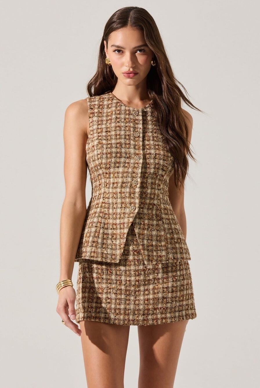 NWT ASTR the Label Dilone Tweed Vest Mini Dress L Brown Plaid Sleeveless